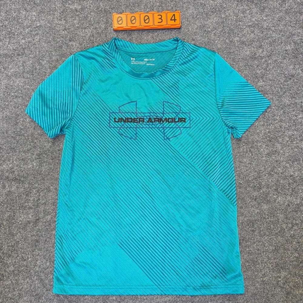 Under Armour HeatGear blue & green striped kids t-shirt size Youth Medium